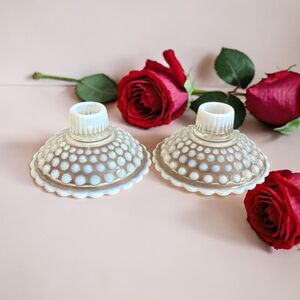 Opalescent Moonstone Hobnail Glass Candlestick Holders Set Of 2 Mid Century VTG